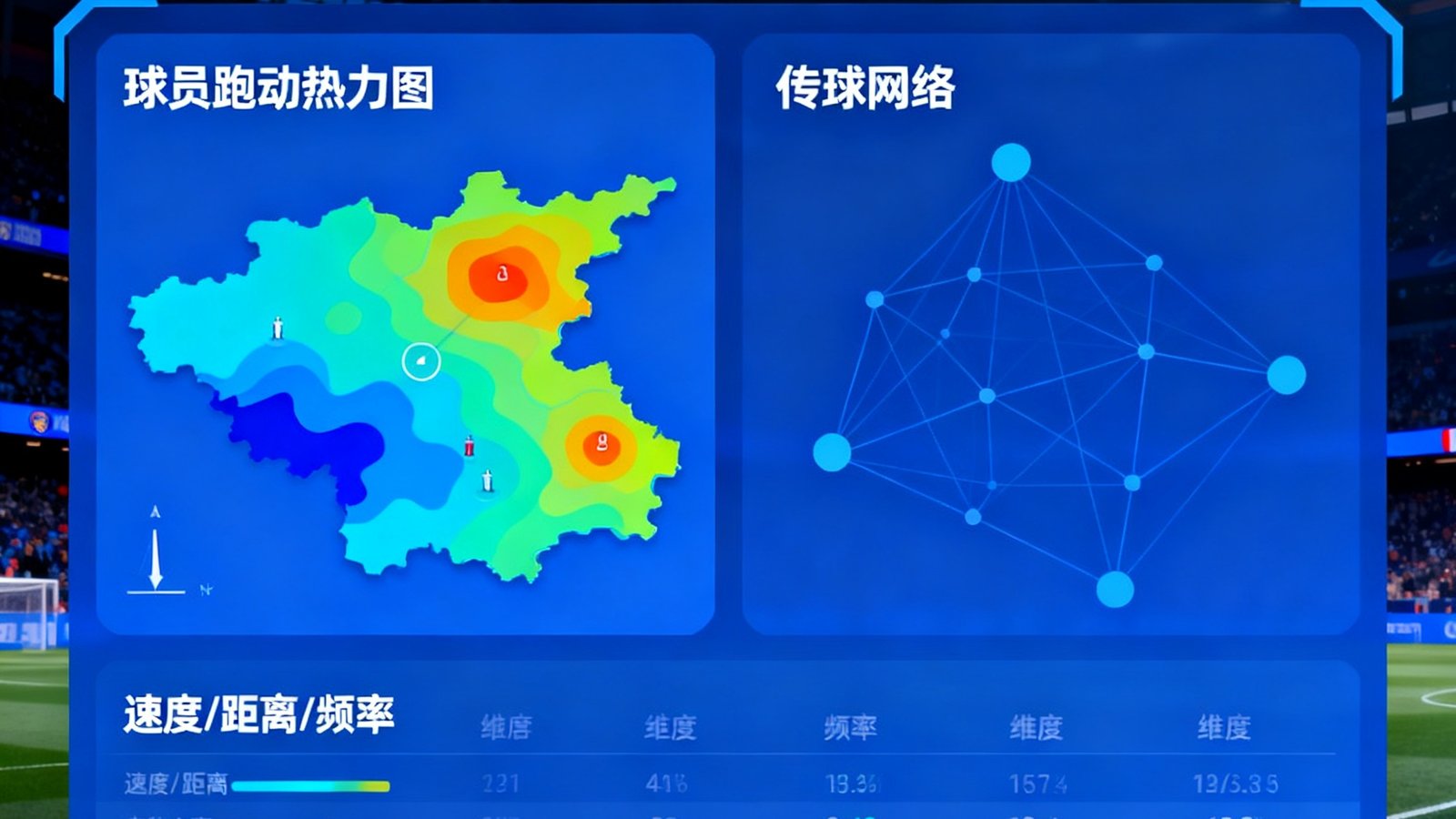 数据可视化仪表盘展示球员跑动热力图与传球网络，呈现多维度赛事数据深度分析界面